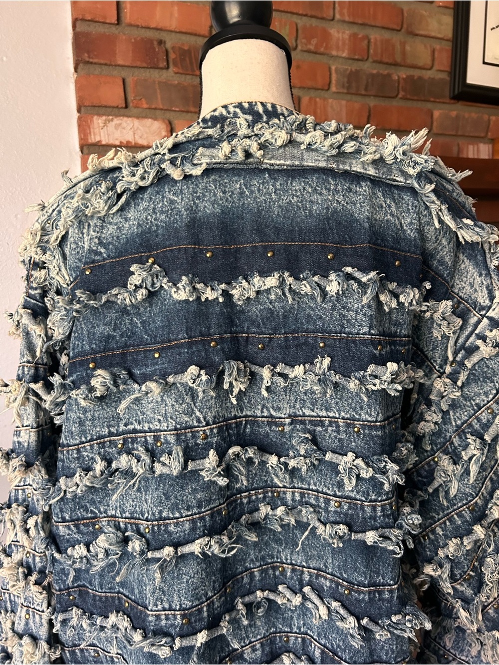 VTG Fringed Studded Denim Jacket in Indigo Blue One Size - Picture 9 of 9